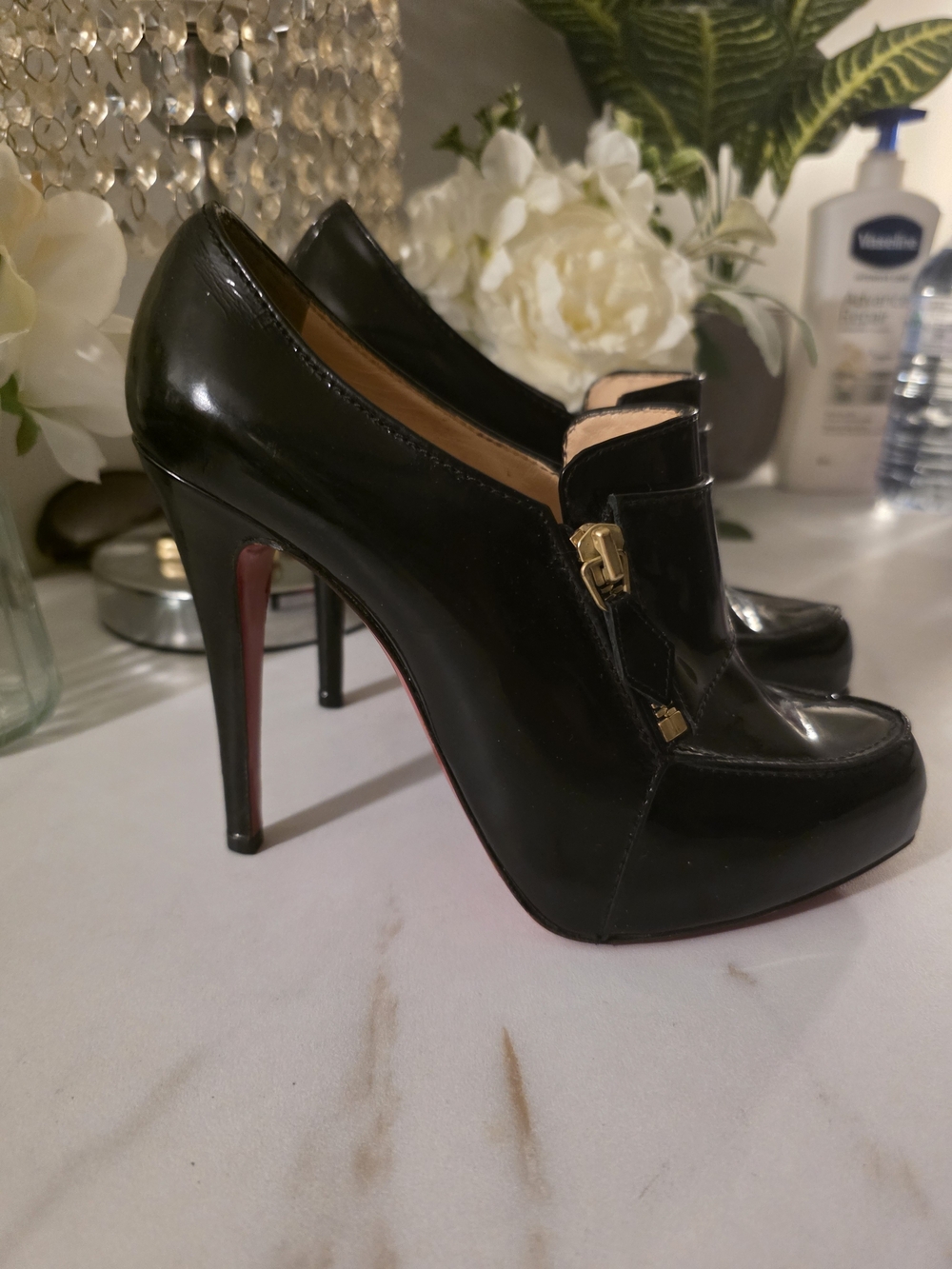 Christian Louboutin Black Patent High-Heel Loafer with Red Sole and Gold Zip - Picture 2 of 7